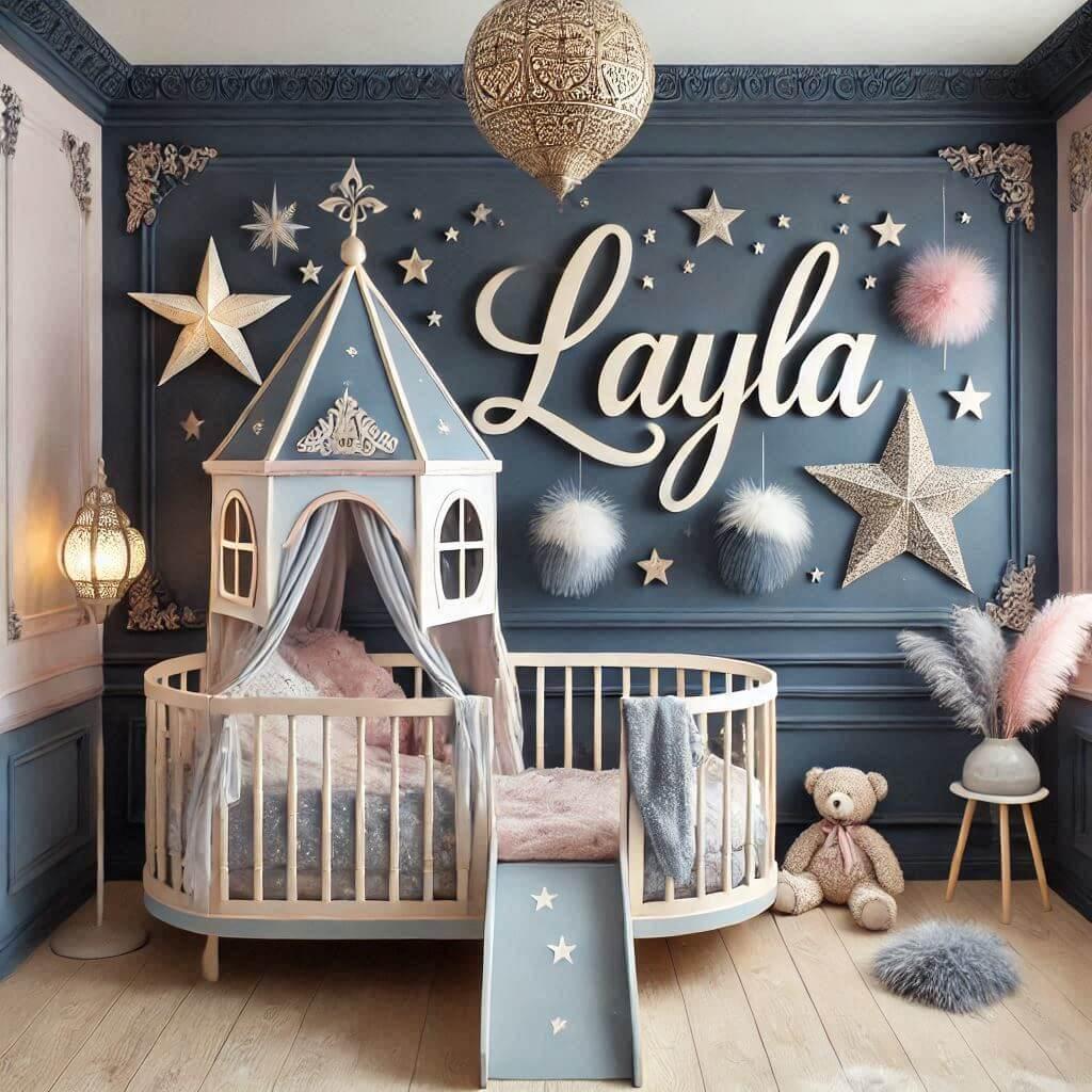 Une belle chambre de bebe fille avec le prenom layla ecrit a la francaise theme nuit etoilee lit cabane avec un tobogan couleur bleu nuit gris rose pastel et blanc avec des etoiles