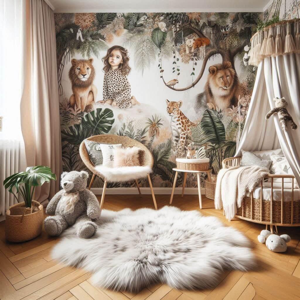 Une belle chambre de bebe fille avec le prenom lena theme animaux de la jungle angle de vue tapisserie jungle tapis de fourrure angle contrebas