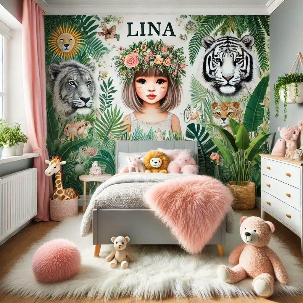 Une belle chambre de bebe fille avec le prenom lina theme animaux de la jungle