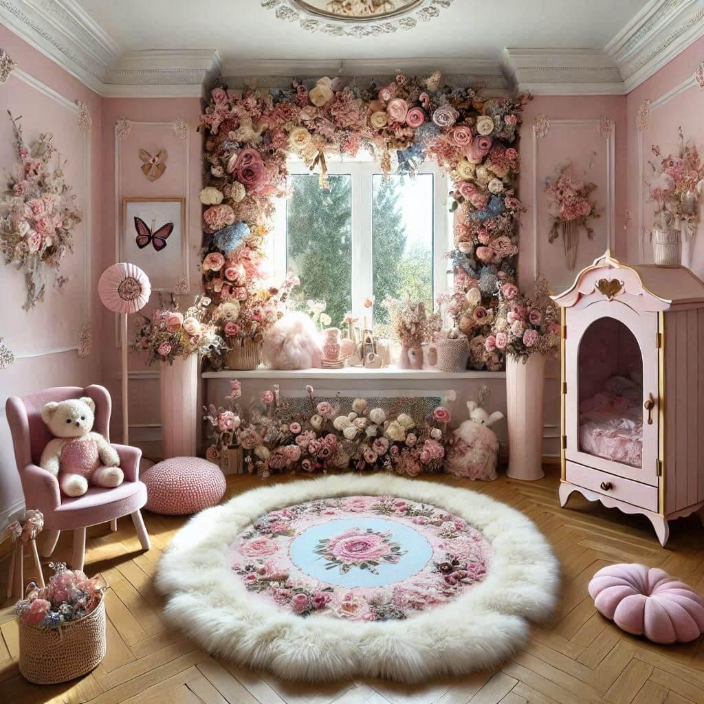 Une belle chambre de bebe fille avec le prenom lina theme jardin fleuri tapis de fourrure angle contrebas