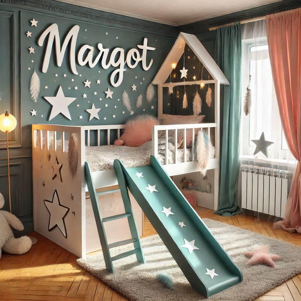 Une belle chambre de bebe fille avec le prenom margot ecrit a la francaise theme nuit etoilee lit cabane avec un tobogan couleur bleu canard gris rose pastel et blanc avec des etoi