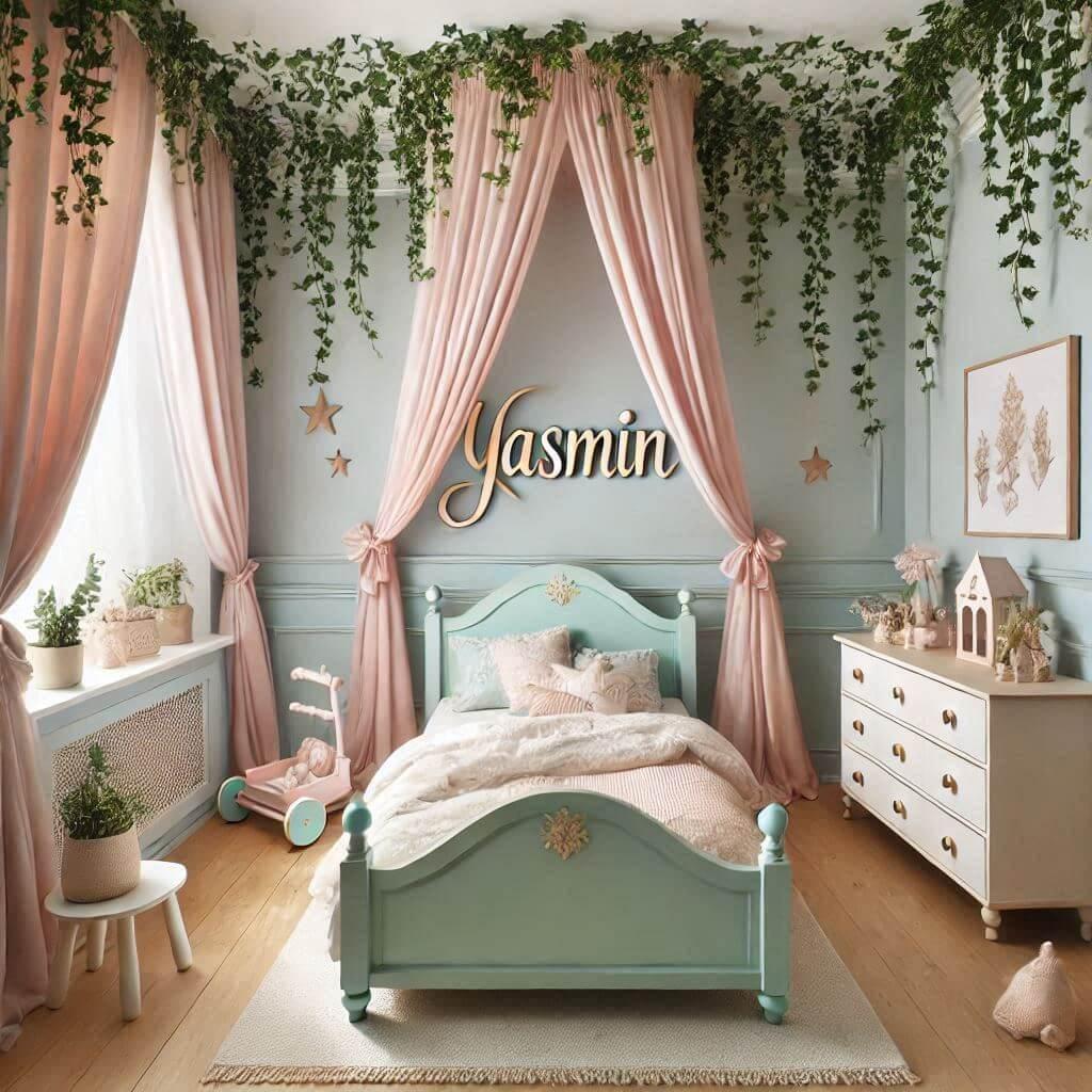 Chambre de bébé fille avec le prénom Yasmin, sur le thème conte de fées.