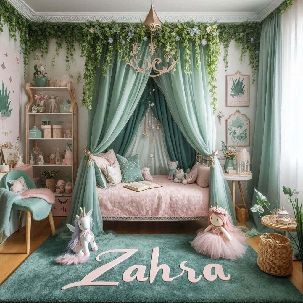 Une belle chambre de bebe fille avec le prenom zahra sur le theme des contes et legendes avec un ciel de lit vert d eau et rose pale du lierre