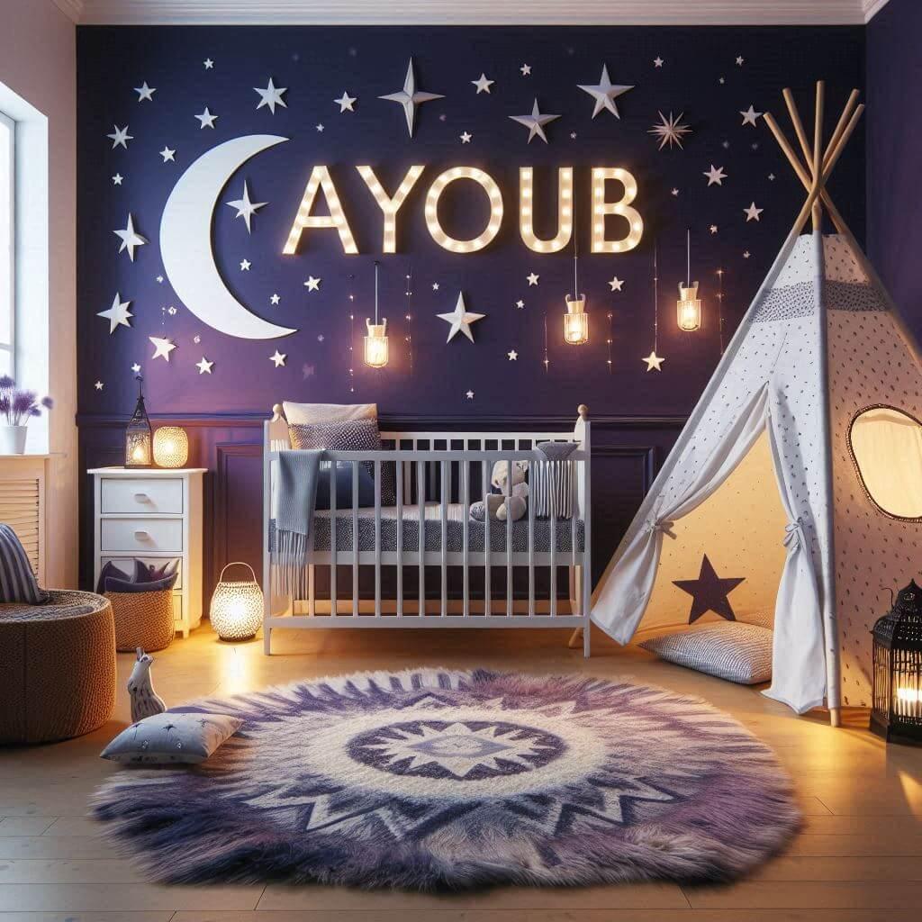 Une belle chambre de bebe garcon avec le prenom ayoub ecrit a la francaise theme nuit etoilee lit cabane et un tipi couleur violet nuit et bleu nuit et blanc avec des etoiles et de