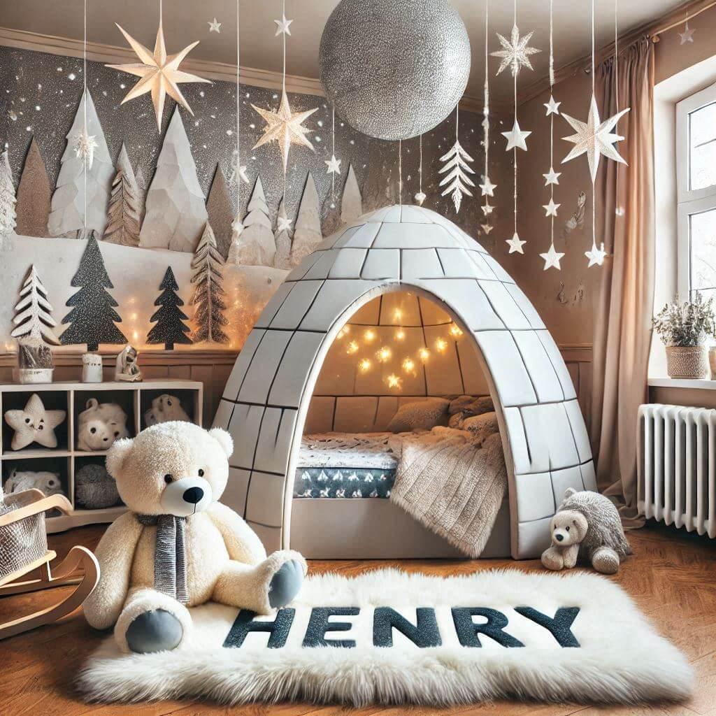 Une belle chambre de bebe garcon avec le prenom henri theme igloo angle de vue tapisserie hiver tapis de fourrure ciel de lit peluche ours blanc sur le tapis angle de vue