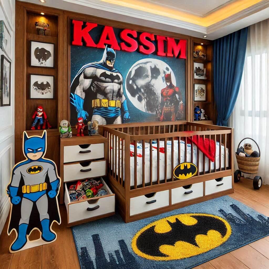 Une belle chambre de bebe garcon avec le prenom kassim theme dc comics lit cabane avec des tiroirs et un tobogan rouge et bleu nuit bleu tapis batman petites figurines