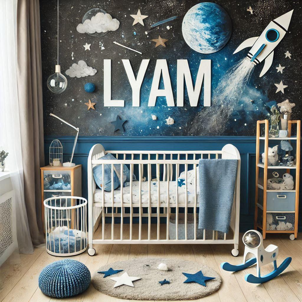 Une belle chambre de bebe garcon avec le prenom lyam theme ciel etoile sur l espace