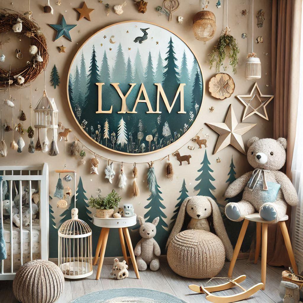 Une belle chambre de bebe garcon avec le prenom lyam theme foret