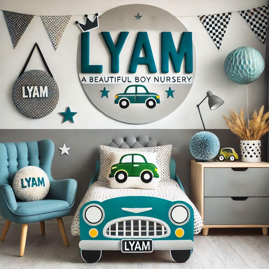 Une belle chambre de bebe garcon avec le prenom lyam theme voiture 1