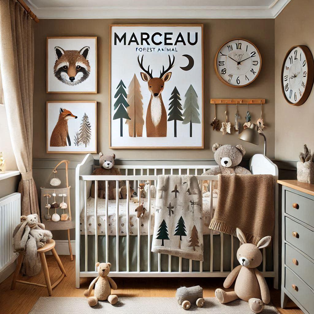 Une belle chambre de bebe garcon avec le prenom marceau theme animaux de la foret aux couleurs beige marron gris et vert bouteille 1