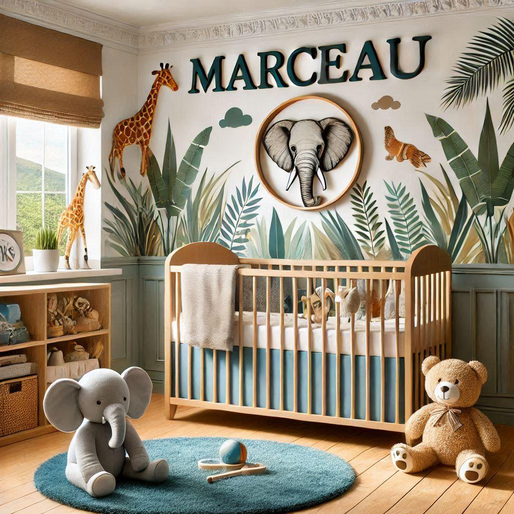 Une belle chambre de bebe garcon avec le prenom marceau theme animaux de la jungle 1