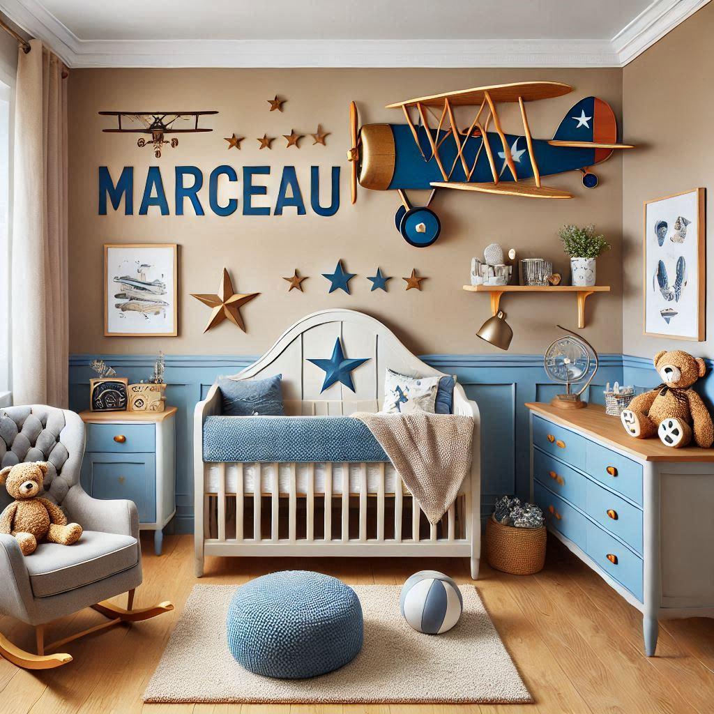 Une belle chambre de bebe garcon avec le prenom marceau theme aviateur dans les tons bleus canard et beige