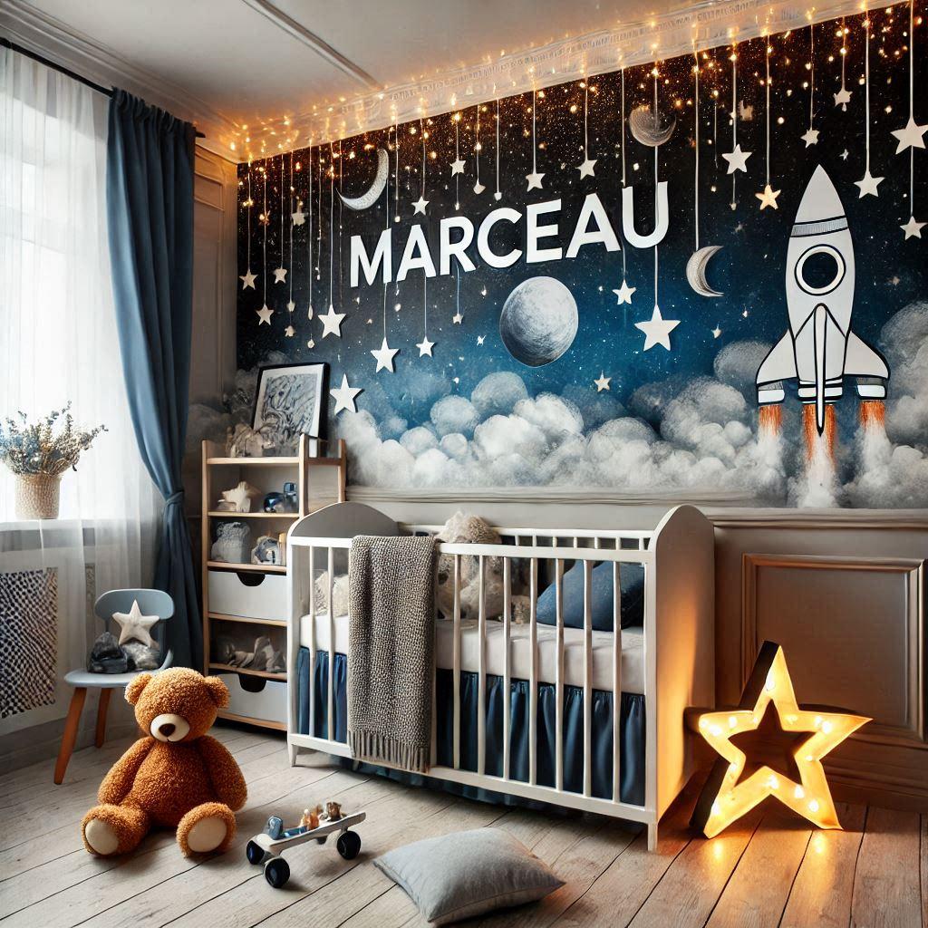 Une belle chambre de bebe garcon avec le prenom marceau theme ciel etoile sur l espace 1