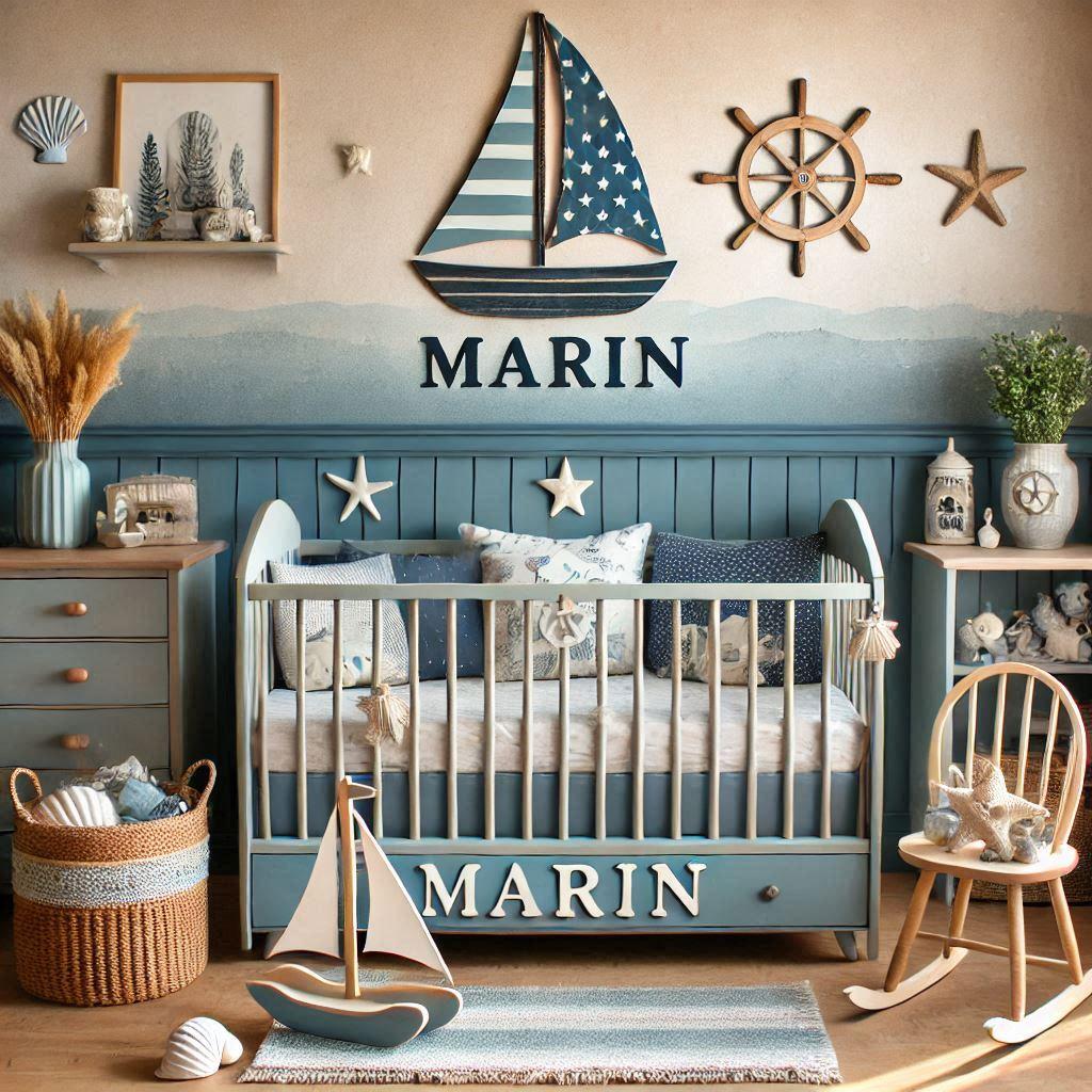 Une belle chambre de bebe garcon avec le prenom marin theme lit bateau et coquillages