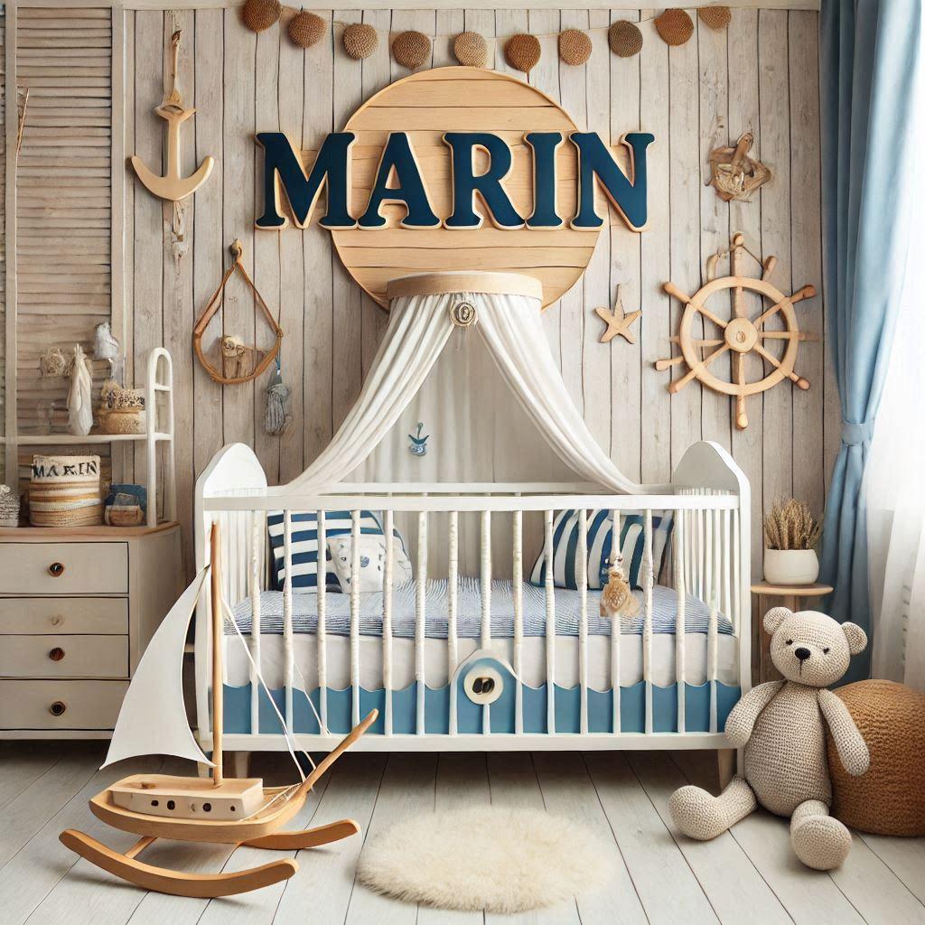 Une belle chambre de bebe garcon avec le prenom marin theme lit bateau