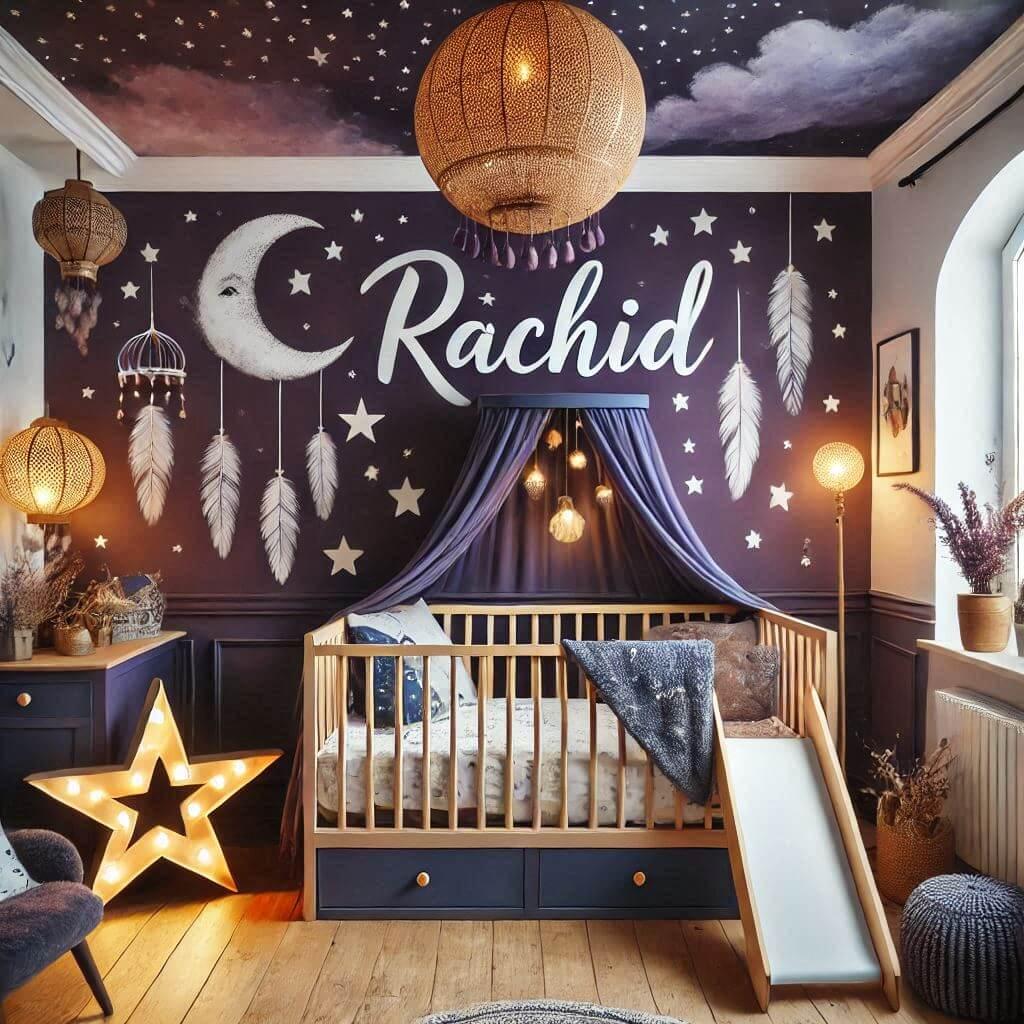 Une belle chambre de bebe garcon avec le prenom rachid ecrit a la francaise theme nuit etoilee lit cabane avec un tobogan couleur violet nuit et bleu nuit et blanc avec des etoiles