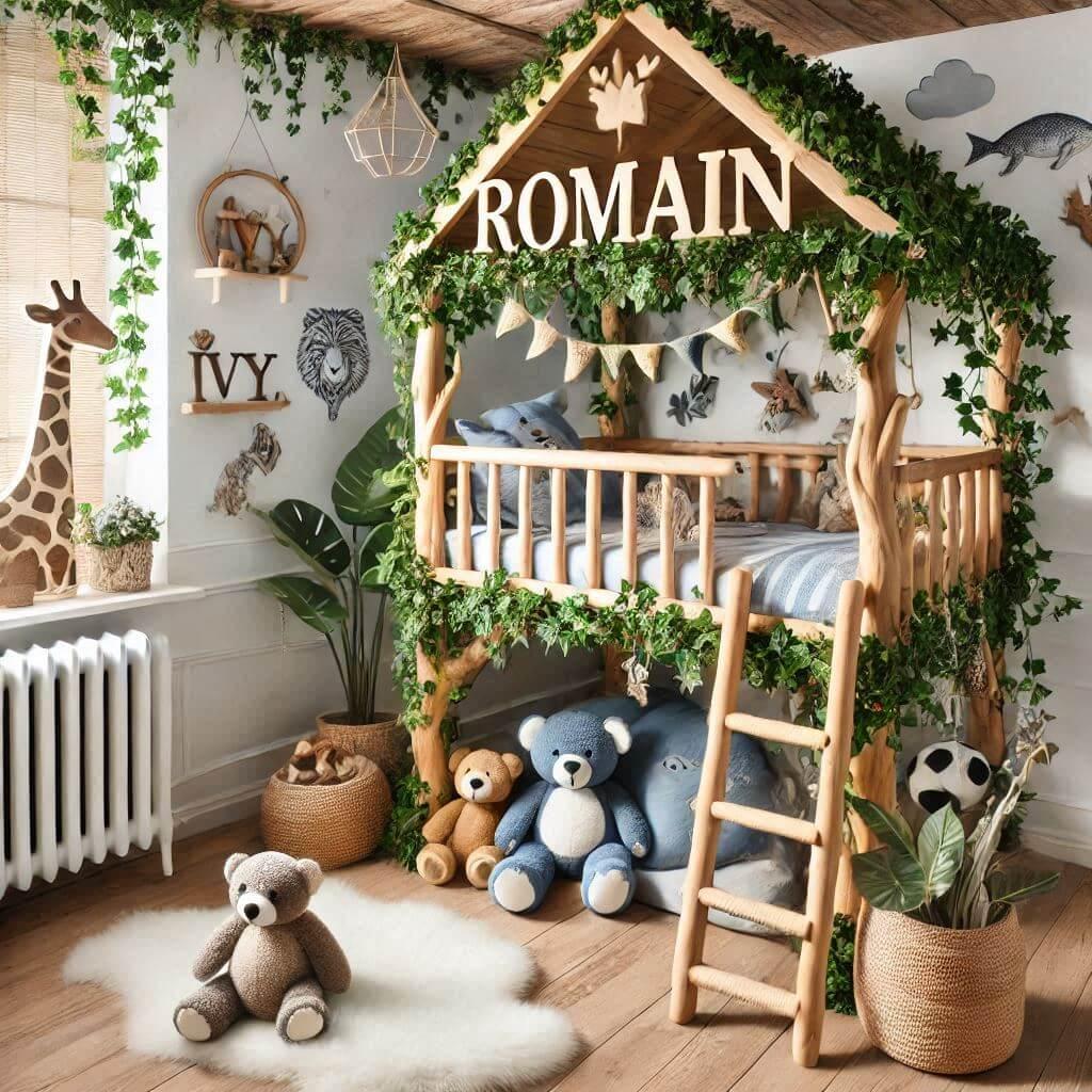 Une belle chambre de bebe garcon avec le prenom romain theme animaux de la jungle lierre lit cabane arbre