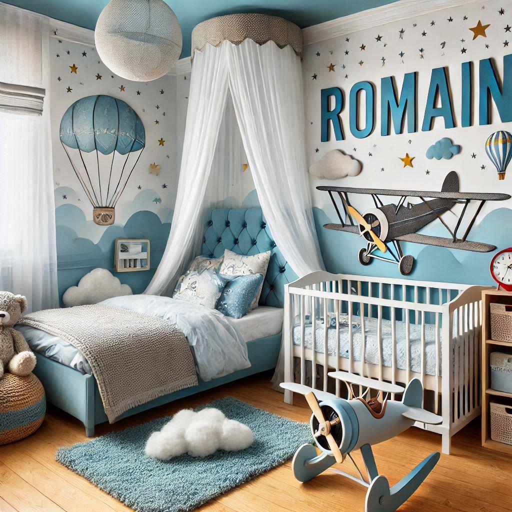 Une belle chambre de bebe garcon avec le prenom romain theme aviateur ciel de lit coussin nuage dans les tons bleu ciel blanc gris clair jaune pale rouge vue en biais 1