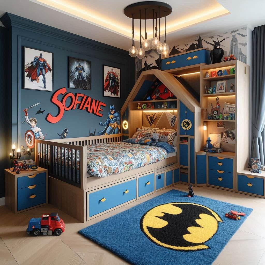 Une belle chambre de bebe garcon avec le prenom sofiane theme dc comics lit cabane avec des tiroirs et un tobogan rouge et bleu nuit bleu tapis batman petites figurines 1