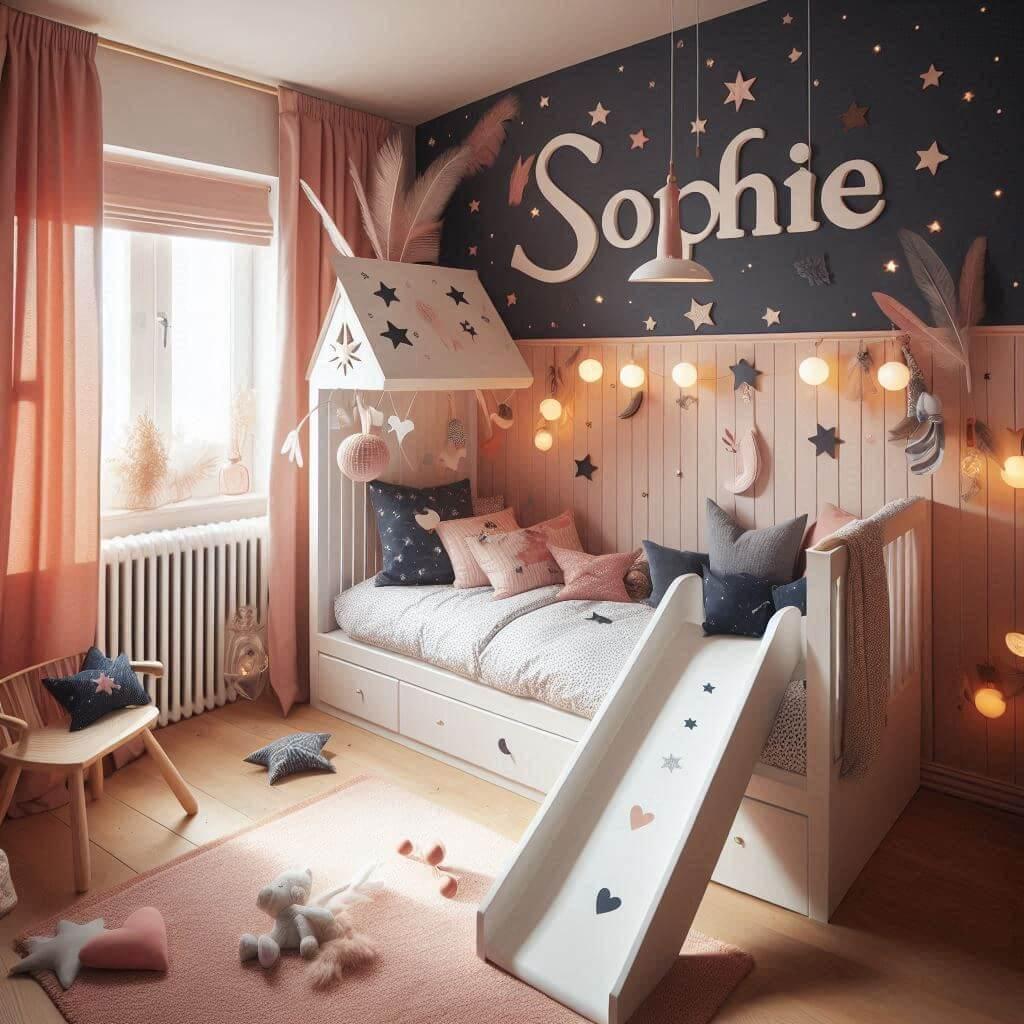 Une belle chambre de bebe garcon avec le prenom sophie ecrit a la francaise theme nuit etoilee lit cabane avec un tobogan couleur rose poudre corail et bleu nuit et blanc avec des