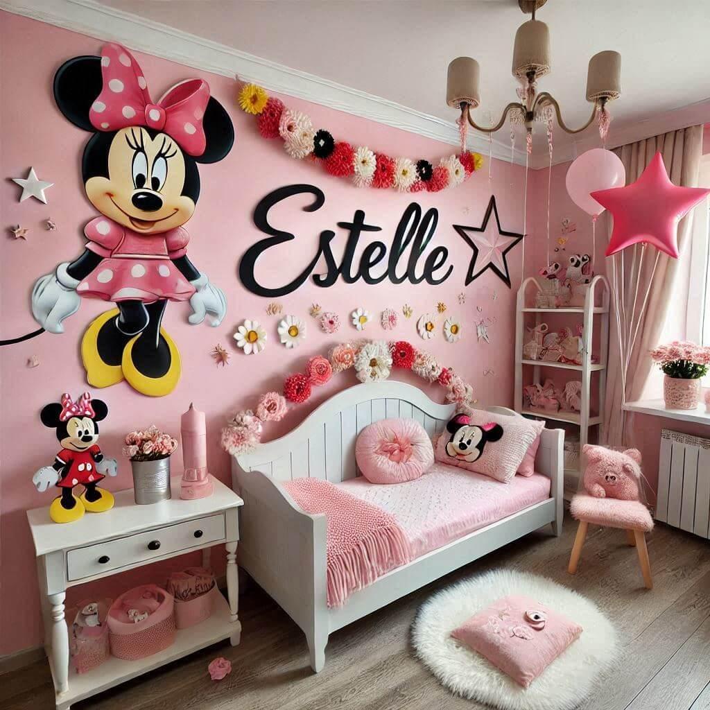 Une belle chambre de petite fille sur le theme de minnie pour une petite fille qui sappelle estelle avec le prenom estelle ecrit dans la decoration