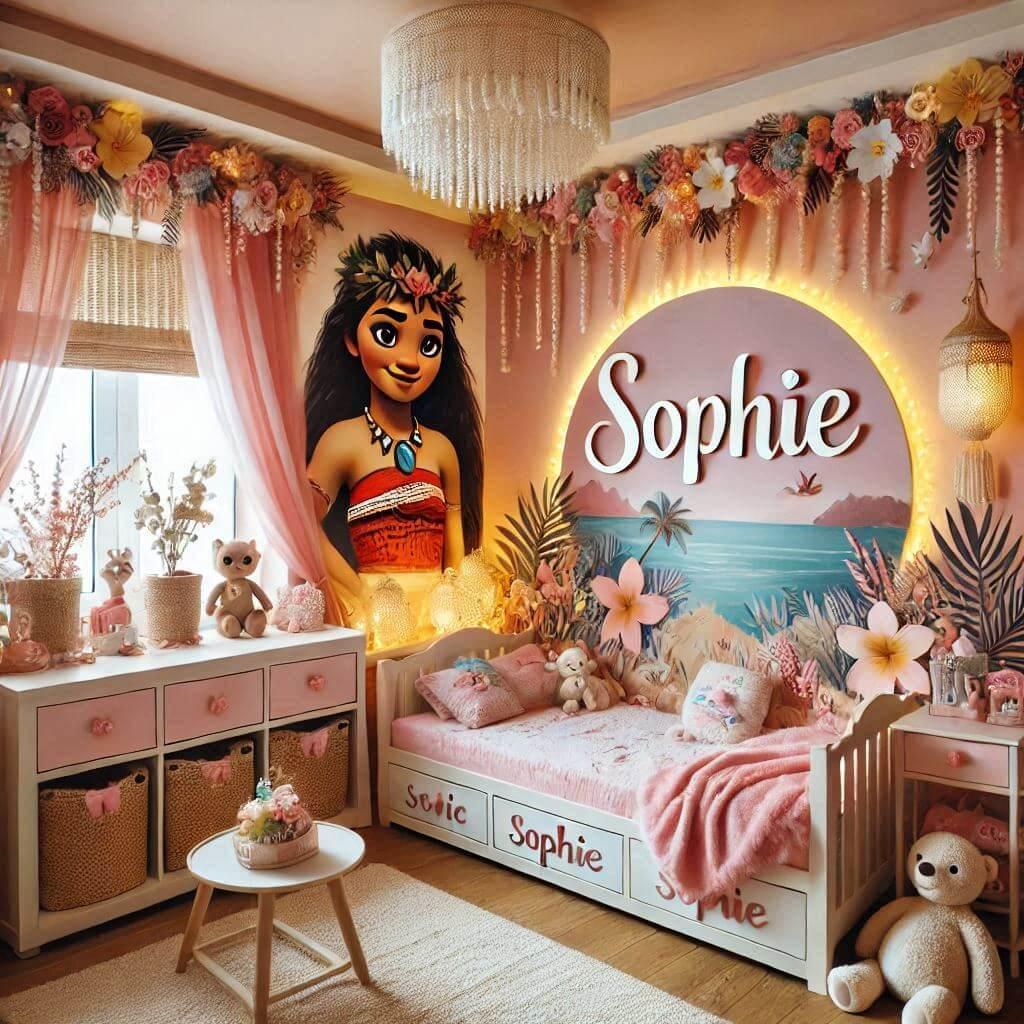 Une belle chambre de petite fille sur le theme de vaiana pour une petite fille qui sappelle sophie avec le prenom sophie ecrit dans la decoration 1