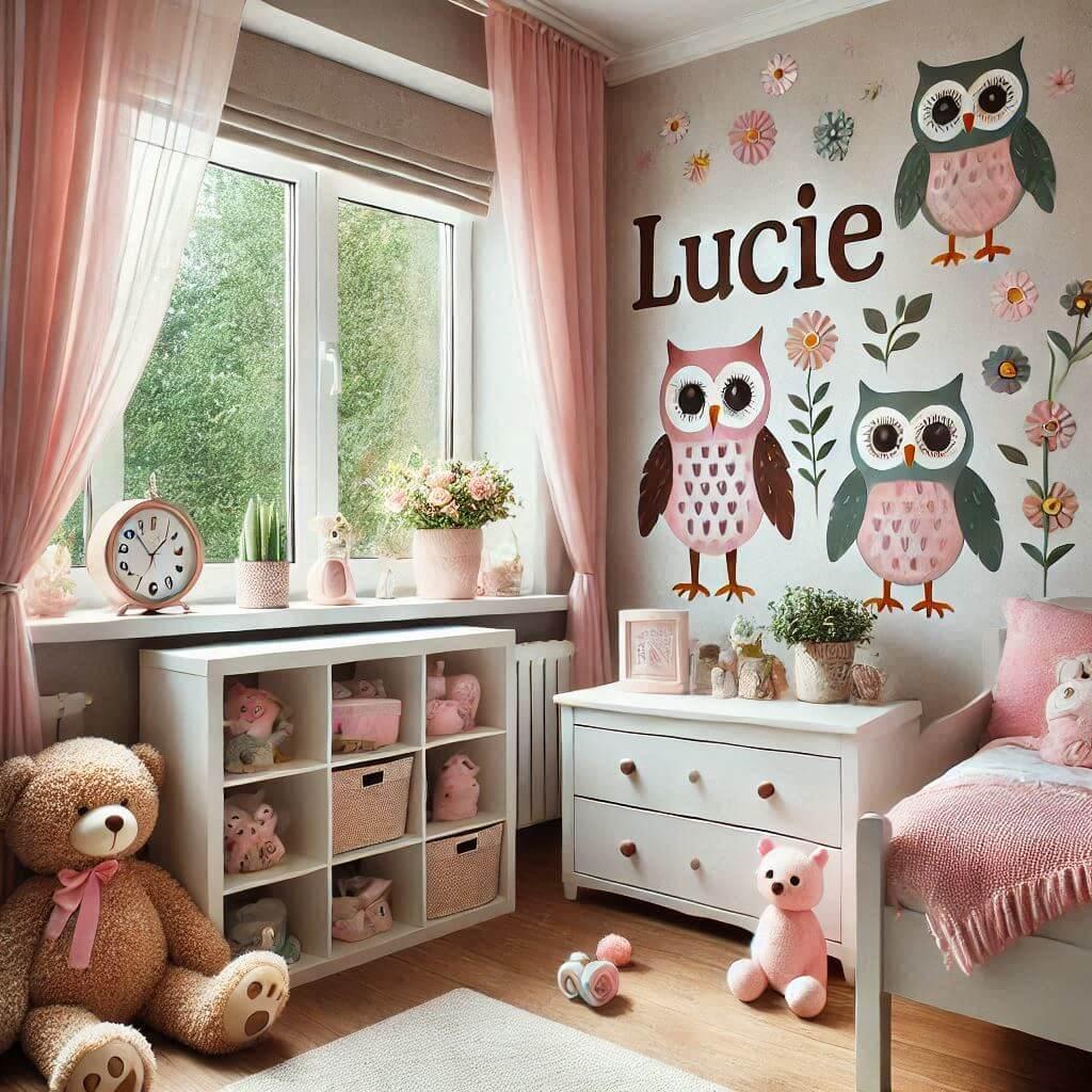 Une belle chambre de petite fille sur le theme des hiboux pour une petite fille qui s appelle lucie avec le prenom luci 1