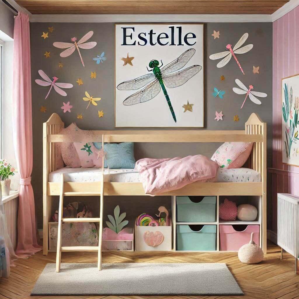 Une belle chambre de petite fille sur le theme des libellules qui s appelle estelle avec un lit superpose pour jouer en dessous prenom estelle sur une affiche couleurs vives