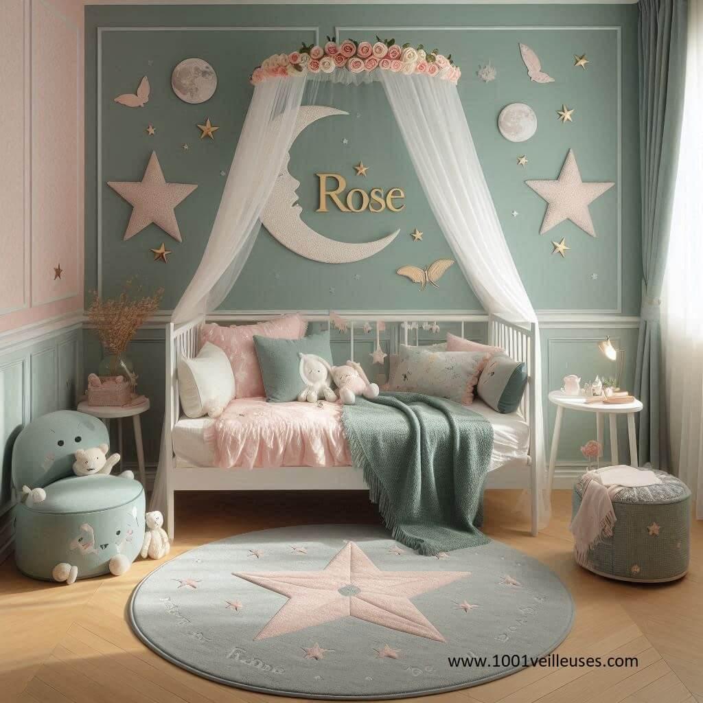 Une chambre au prenom de rose theme conte et legende couleur vert d eau et rose pale coussin etoile coussin lune tapis etoile 1