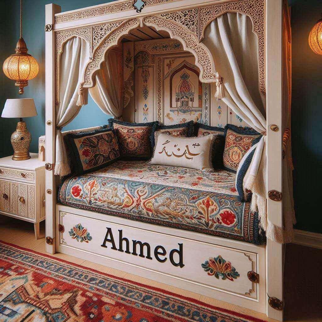 Une chambre d enfant avec le prenom ahmed brode sur le coussin avec un lit cabane sur le theme oriental 2