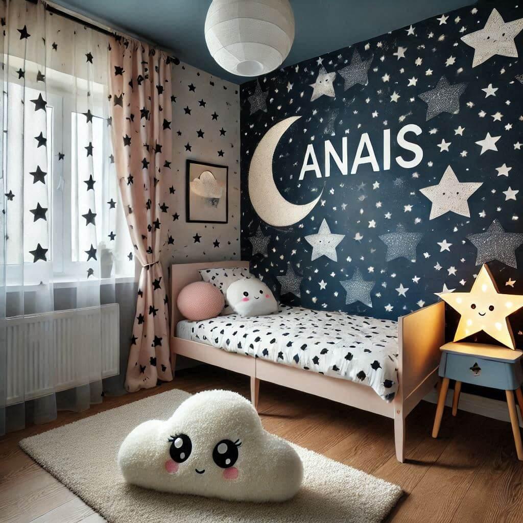 chambre petite fille, theme nuit etoilee, prenom anais