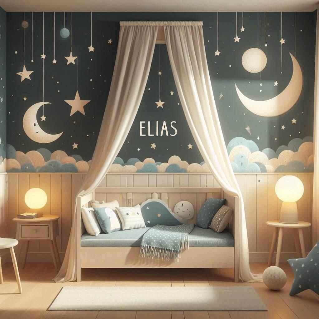 Une chambre d enfant avec le prenom elias avec un lit simple sur le theme du ciel etoile les draps et les rideaux sont des motifs detoiles et de lunes il y a des lampes en forme de