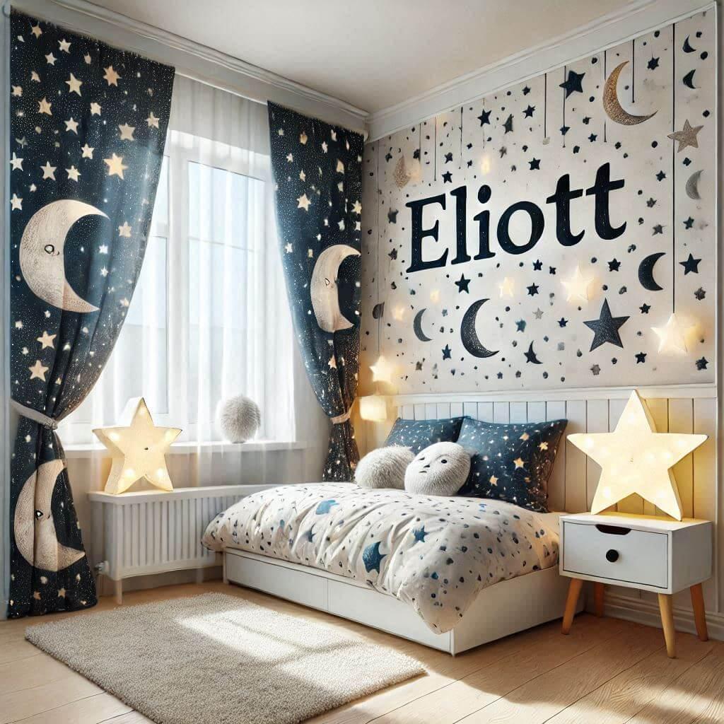 Une chambre d enfant avec le prenom eliott avec un lit simple sur le theme du ciel etoile les draps et les rideaux sont des motifs detoiles et de lunes il y a des lampes en forme d