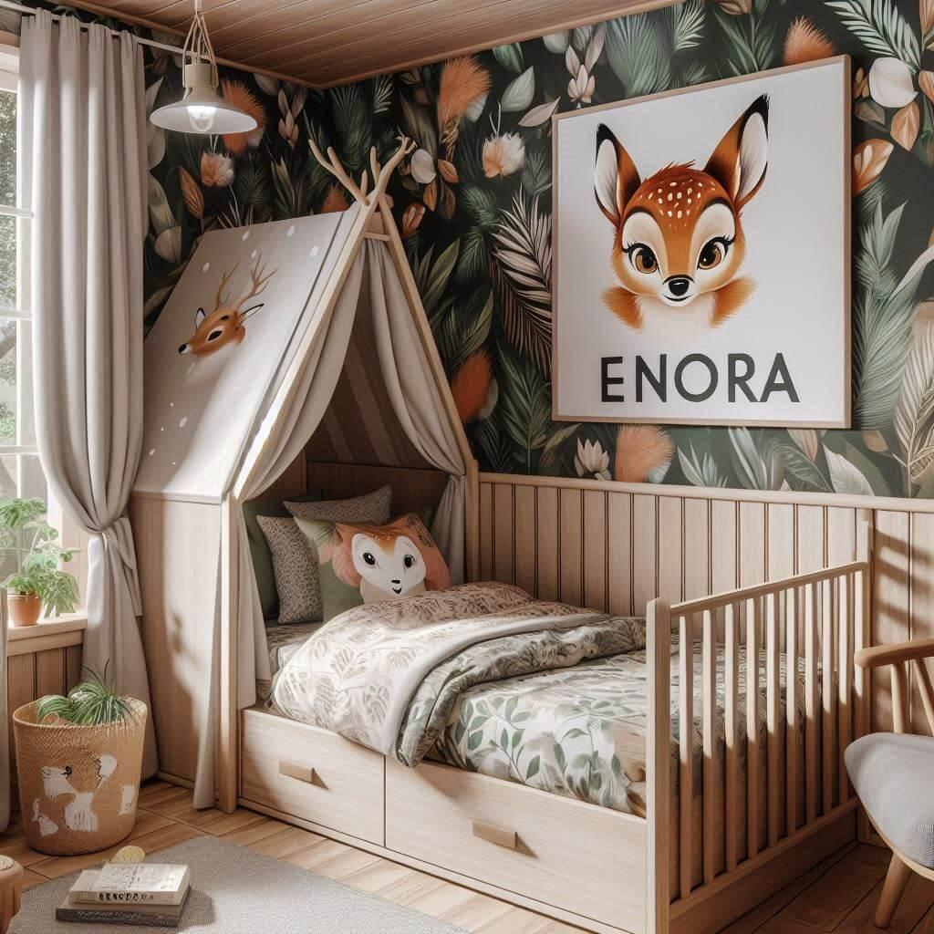 Une chambre d enfant avec le prenom enora avec un lit cabane sur le theme de bambi de la foret les draps et les rideaux sont des motifs de feuilles de faon de hibou lapin le prenom