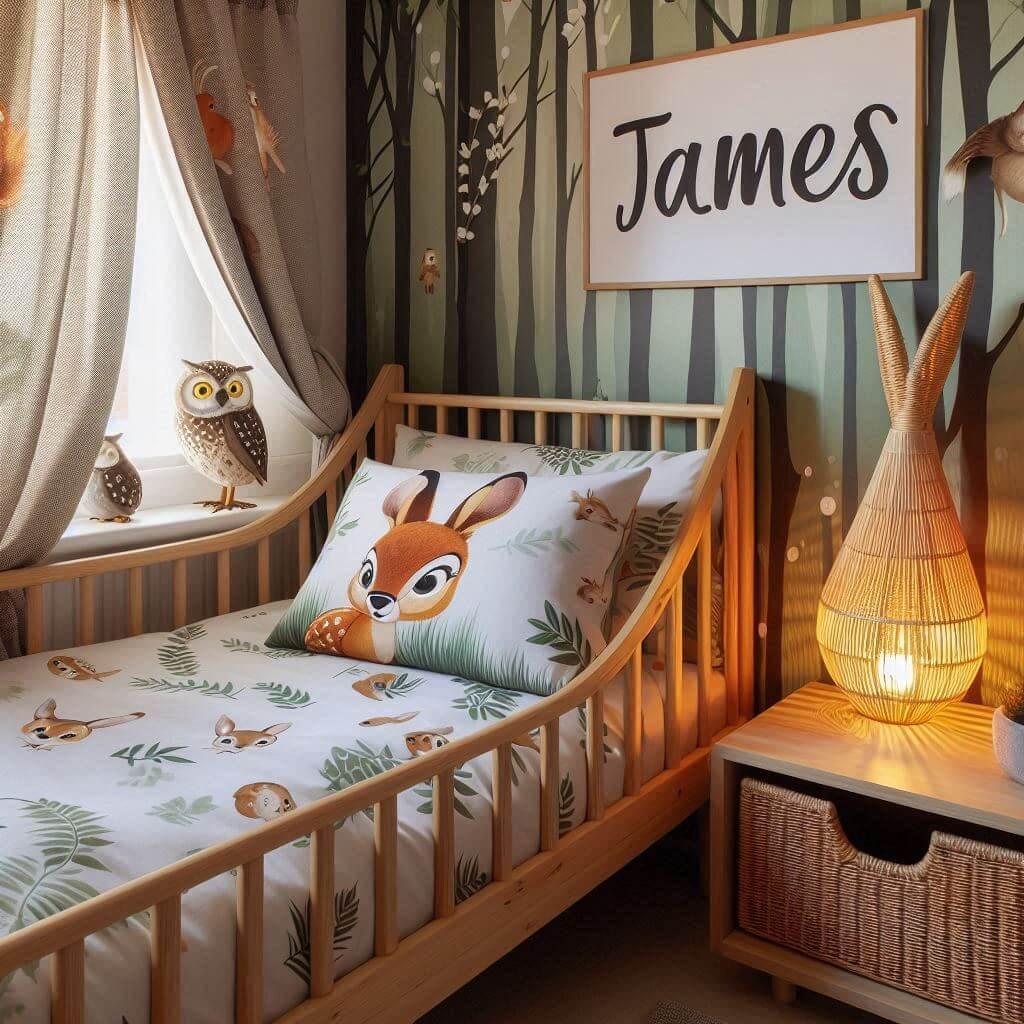 Une chambre d enfant avec le prenom james avec un lit cabane sur le theme bambi de la foret les draps et les rideaux sont des motifs de feuilles de faon de hibou et lapin le prenom