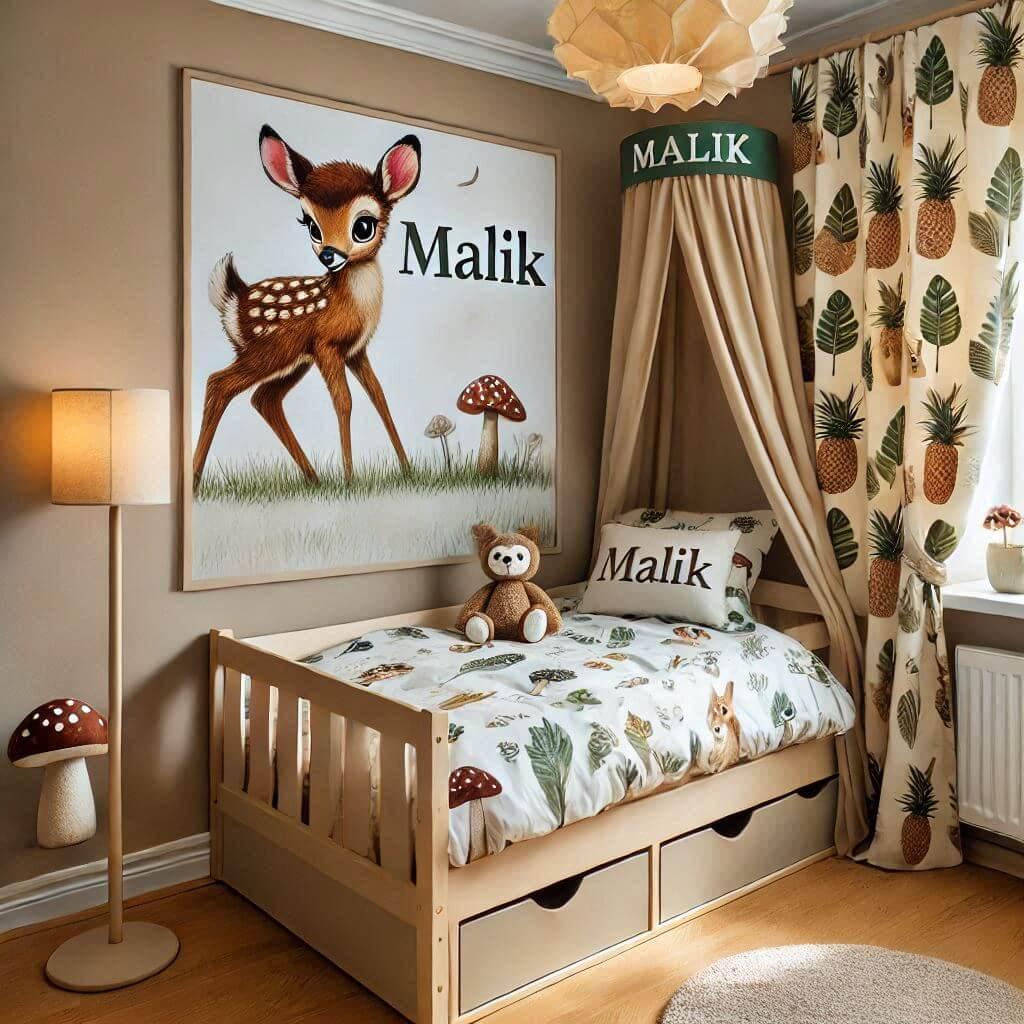 Une chambre d enfant avec le prenom malik avec un lit cabane sur le theme bambi de la foret les draps et les rideaux sont des motifs de feuilles de faon de hibou lapin le prenom ma