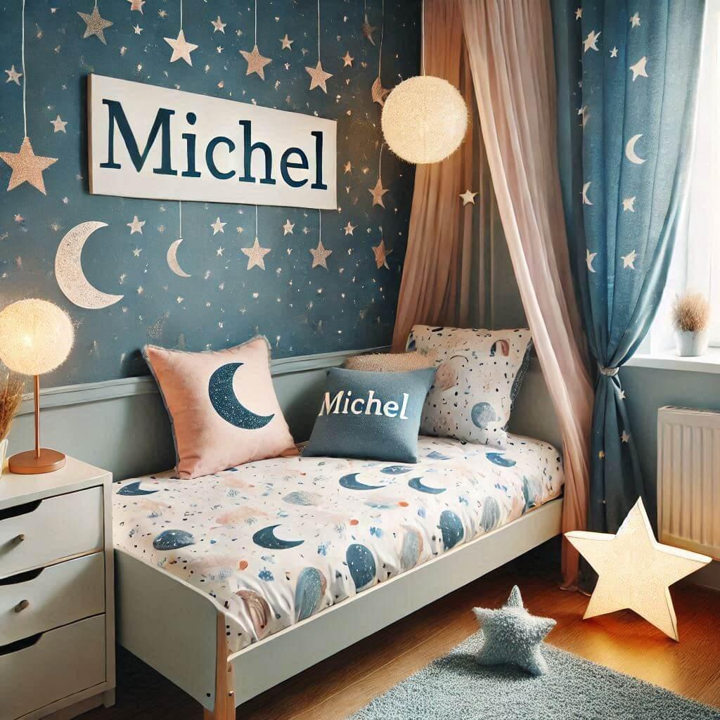 Une chambre d enfant avec le prenom michel avec un lit simple sur le theme du ciel etoile les draps et les rideaux sont des motifs de etoiles et de lunes il y a des lampes en forme