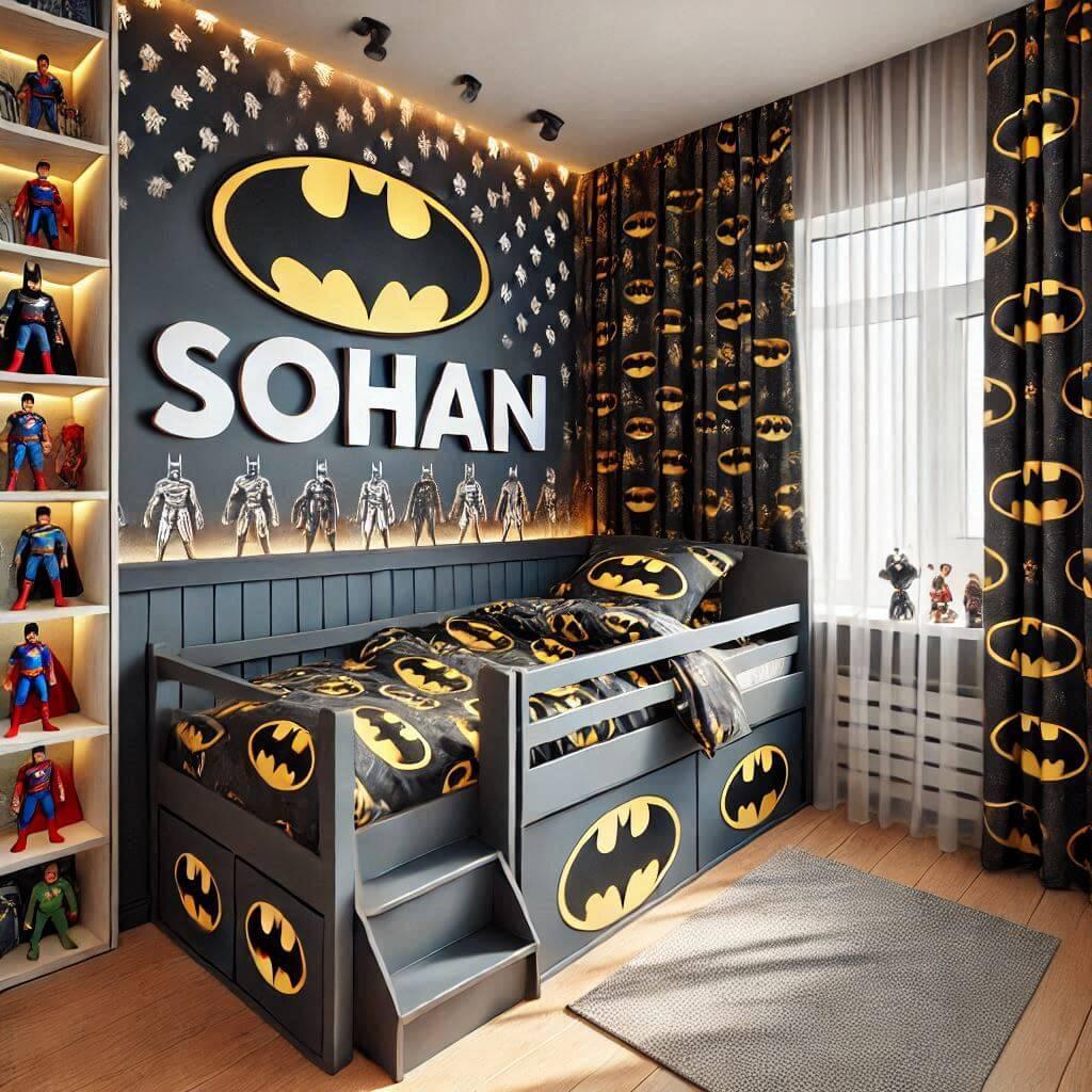 Une chambre d enfant avec le prenom sohan avec un lit cabane des draps et rideaux a motifs batman et des figurines sur les etageres