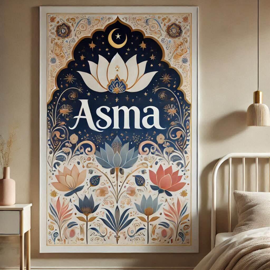 Une chambre d enfant portant le prenom asma avec des couleurs douces et royales telles que le bleu nuit le blanc pur et l or rose agrementees de touches subtiles de beige ou de ver