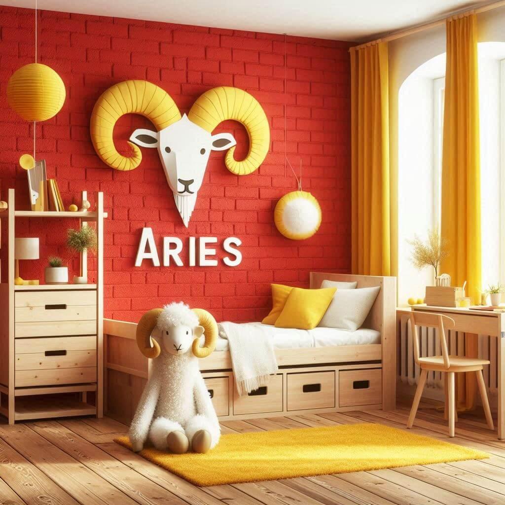 Une chambre d enfant signe astrologie belier avec un mur brique rouge vibrant avec des meubles en bois clair creant une ambiance chaleureuse des accessoires jaunes comm