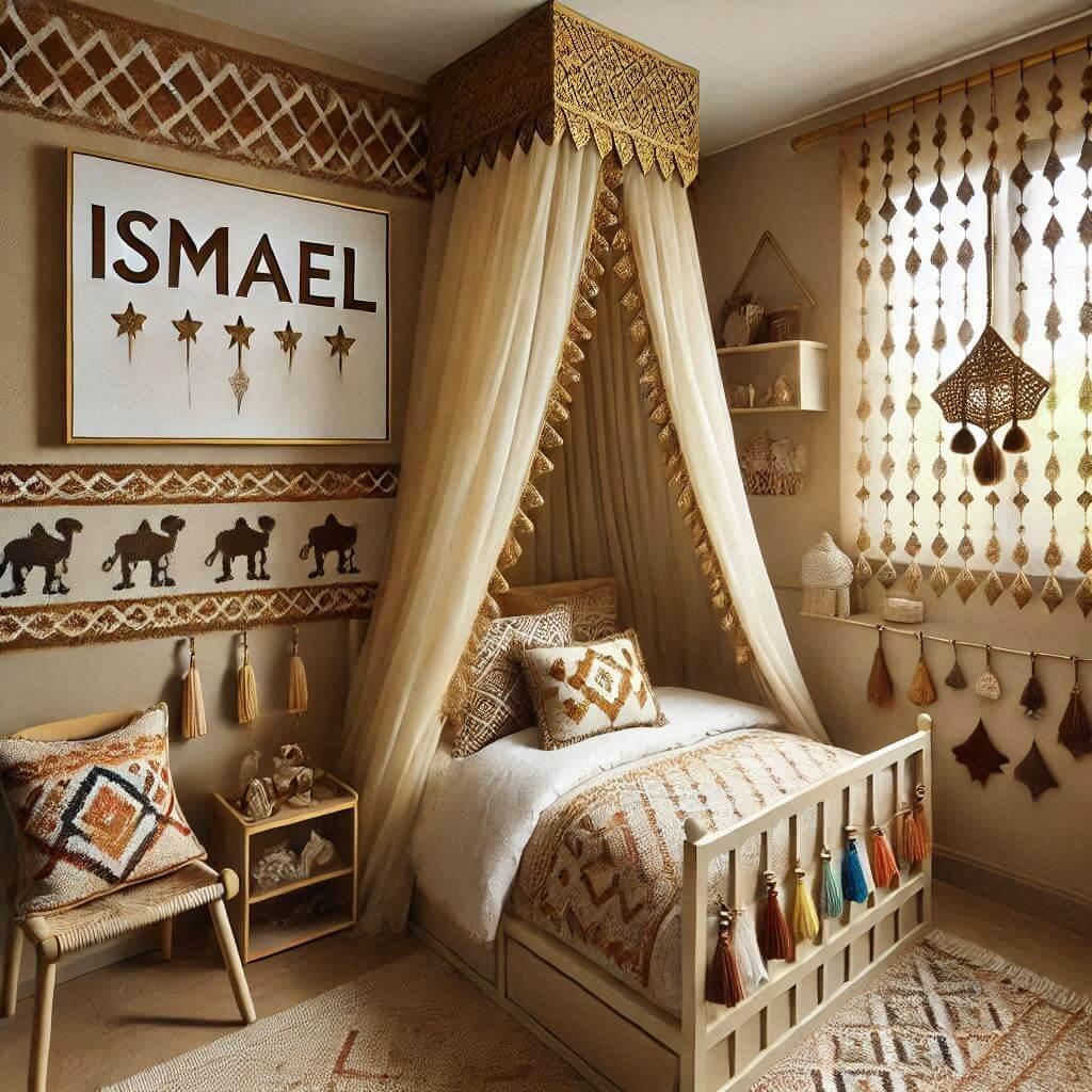 Une chambre d enfant sur le theme oriental avec ecrit en decoration le prenom ismael avec un lit cabane decore de voilages aux motifs dores les draps et rideaux affichent des motif