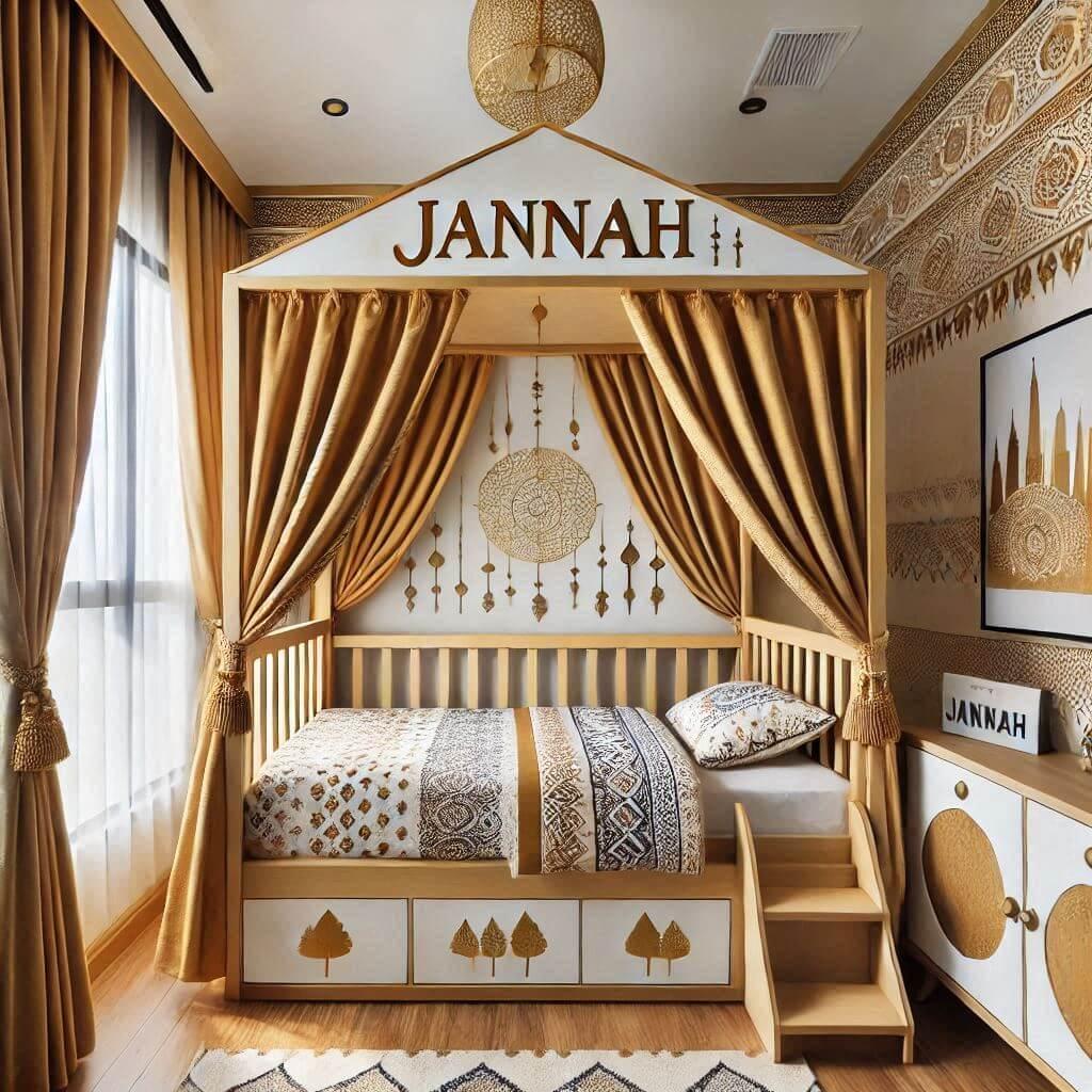 Une chambre d enfant sur le theme oriental avec un lit cabane decore de voilages aux motifs dores le prenom jannah est ecrit dans la decoration les draps et rideaux affichent des m