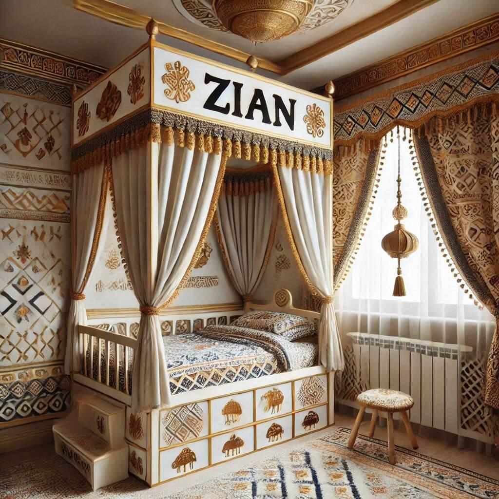 Une chambre d enfant sur le theme oriental avec un lit cabane decore de voilages aux motifs dores le prenom zian est ecrit dans la decoration les draps et rideaux affichent des mot