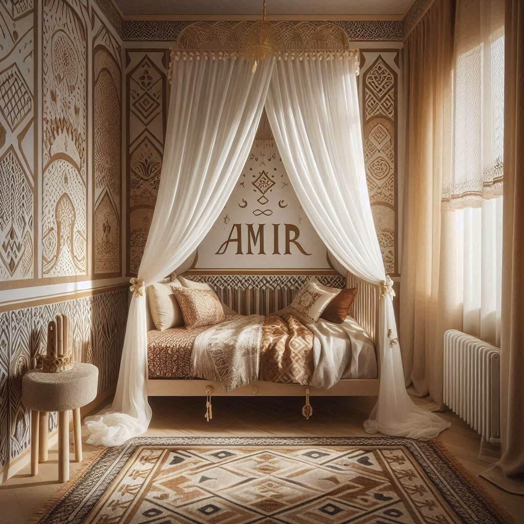 Une chambre d enfant sur le theme oriental avec un lit cabane decore de voilages aux motifs dores le prenom amir est ecrit dans la decoration les draps et rideaux affichent des mot