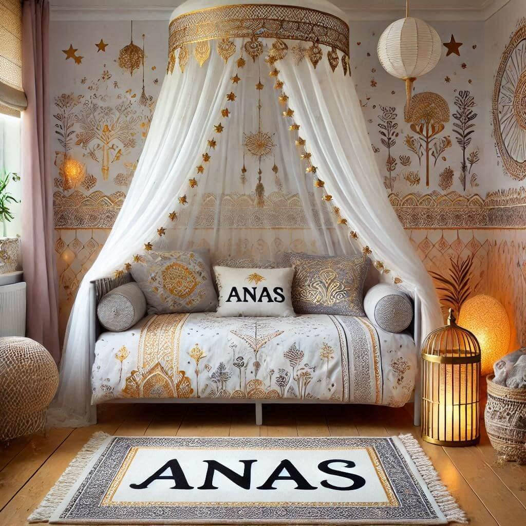 Une chambre d enfant sur le theme oriental avec un lit cabane decore de voilages aux motifs dores le prenom anas sur un coussin 1