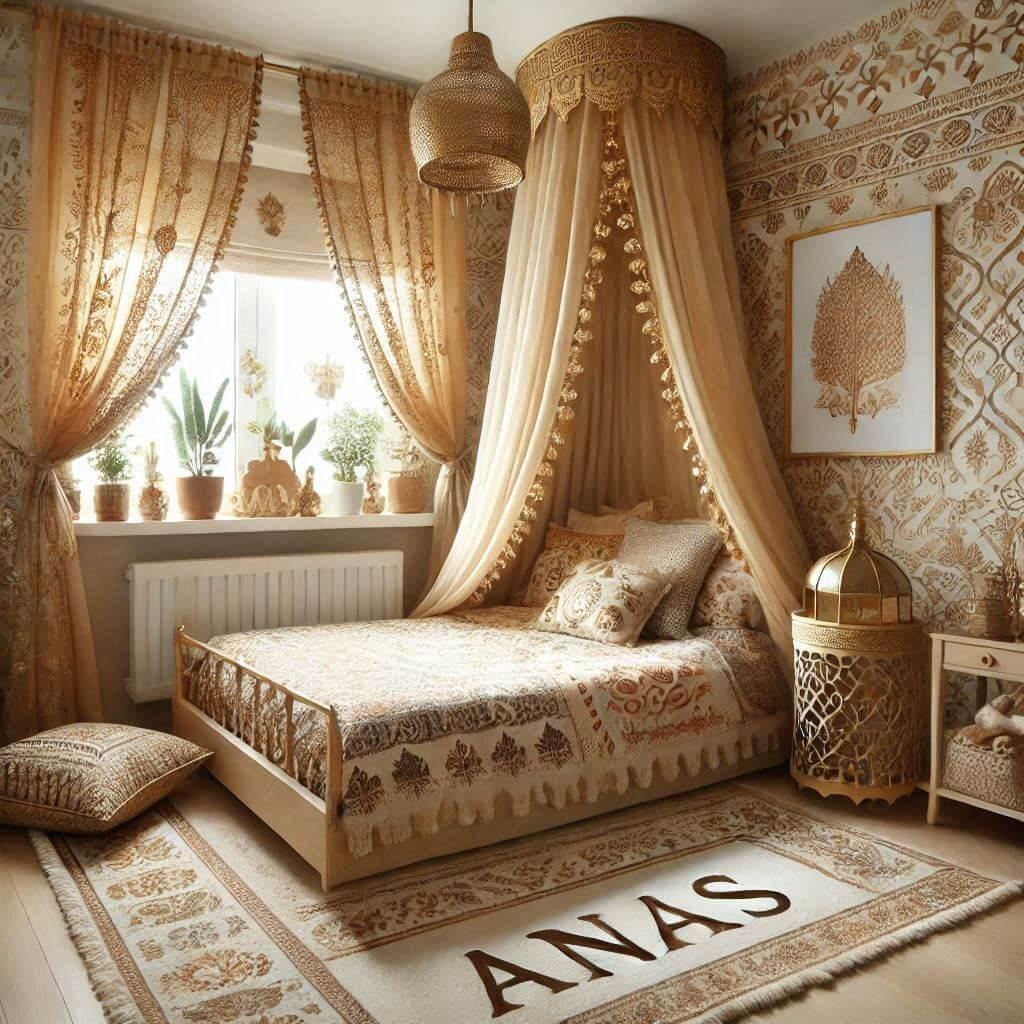 Une chambre d enfant sur le theme oriental avec un lit cabane decore de voilages aux motifs dores le prenom anas sur un coussin