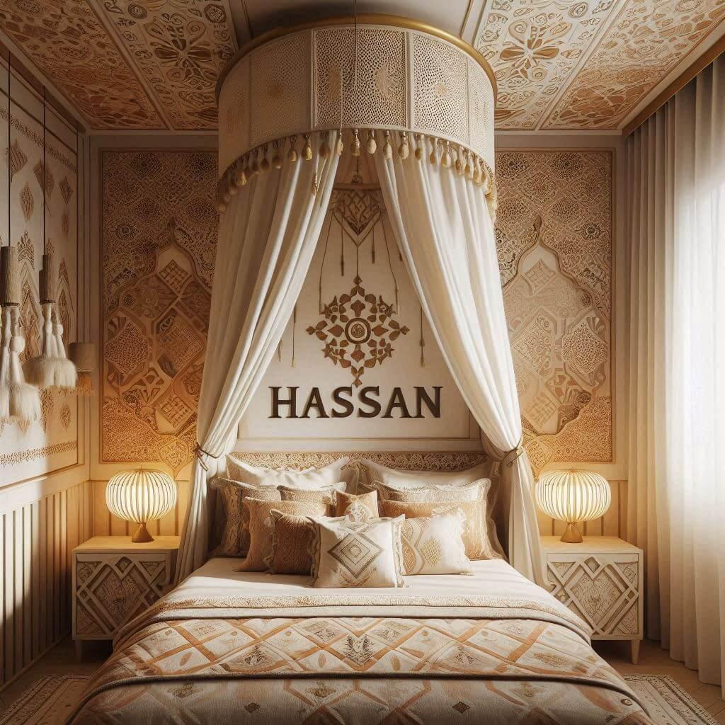 Une chambre d enfant sur le theme oriental avec un lit cabane decore de voilages aux motifs dores le prenom hassan est ecrit dans la decoration les draps et rideaux affichent des m