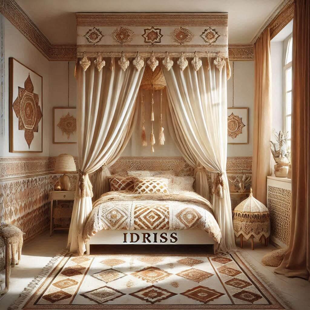 Une chambre d enfant sur le theme oriental avec un lit cabane decore de voilages aux motifs dores le prenom idriss est ecrit dans la decoration les draps et rideaux affichent des m