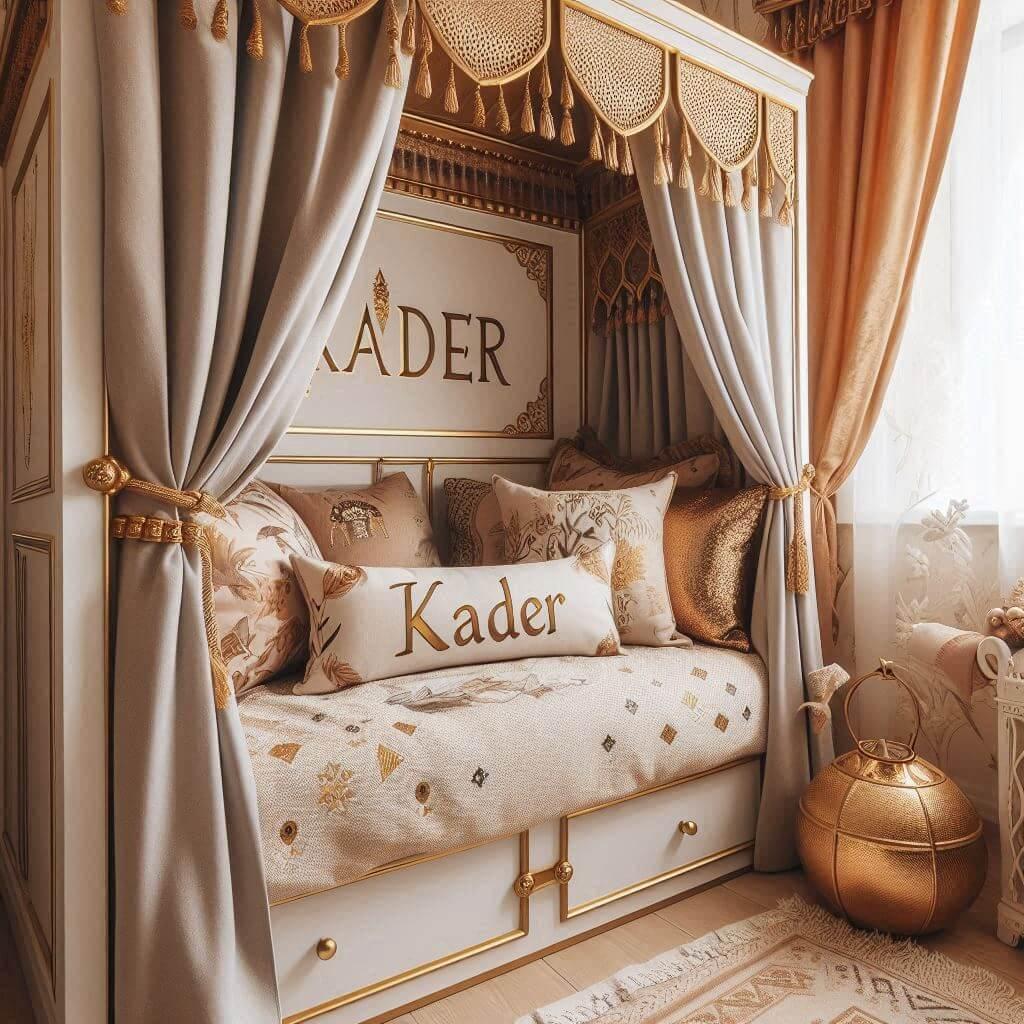 Une chambre d enfant sur le theme oriental avec un lit cabane decore de voilages aux motifs dores le prenom kader ecrit en francais sur un coussin couleur or beige cuivre et blanc