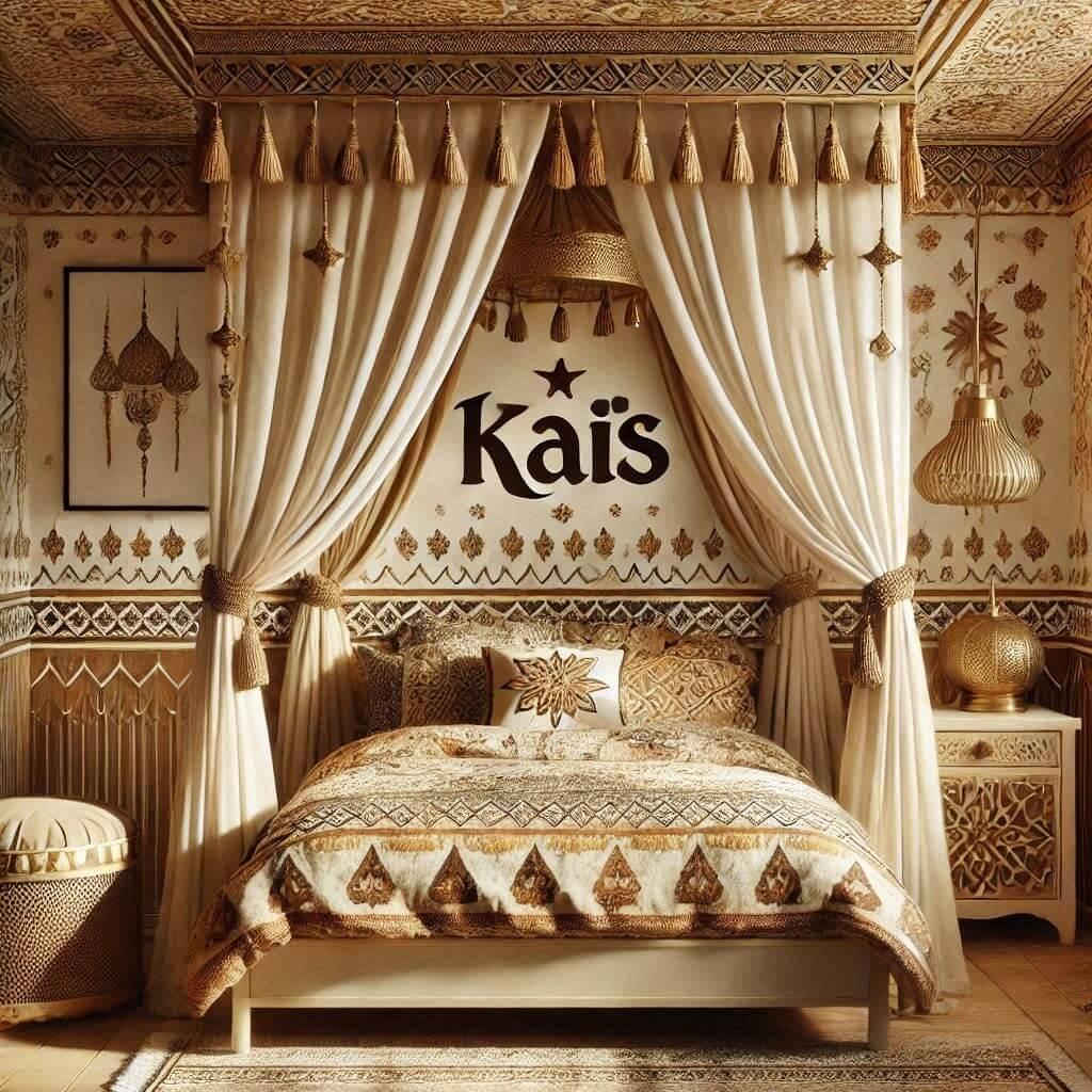 Une chambre d enfant sur le theme oriental avec un lit cabane decore de voilages aux motifs dores le prenom kais 1